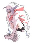  1girl ahoge arm_up black_shorts crossed_ankles eyebrows eyebrows_visible_through_hair frown full_body hand_on_head hood hoodie ignica leg_hug long_hair looking_down low-tied_long_hair no_socks profile red_eyes senki_zesshou_symphogear shoes shorts sitting solo twintails very_long_hair white_background white_hair white_shoes yukine_chris 