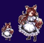  1girl alternate_costume animal_ears apron boots breasts brown_boots brown_eyes brown_hair cross-laced_footwear dress enmaided frilled_dress frills imaizumi_kagerou juliet_sleeves lace-up_boots long_hair long_sleeves lowres maid petticoat pixel_art puffy_sleeves simple_background skirt_hold standing tail touhou underbust unk_kyouso v very_long_hair wolf_ears wolf_tail 