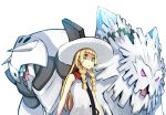  1girl abomasnow aggron artist_request bag blonde_hair dress green_eyes hat lillie_(pokemon) long_hair mega_abomasnow mega_aggron mega_pokemon open_mouth pokemon pokemon_(creature) pokemon_(game) pokemon_sm shoulder_bag standing white_background white_dress white_hat 