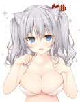  1girl :3 :d animal_ears bangs bikini bikini_top blue_eyes blush breasts cat_ears cleavage collarbone eyebrows eyebrows_visible_through_hair hair_between_eyes hair_ornament halterneck highres kantai_collection kashima_(kantai_collection) kemonomimi_mode large_breasts looking_at_viewer miko_92 no_pupils open_mouth paw_pose silver_hair simple_background skindentation smile solo sparkle string_bikini striped swimsuit twintails two_side_up upper_body white_background white_bikini 