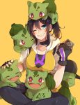  1girl baseball_cap black_legwear blue_eyes blush brown_hair bulbasaur cellphone choker female_protagonist_(pokemon_go) fingerless_gloves gloves grin hat hat_removed headwear_removed holding_phone leggings long_hair norimaki_(seidan0611) on_head one_eye_closed petting phone pokemon pokemon_(creature) pokemon_go ponytail smartphone smile yellow_background 