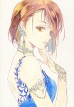  1girl agahari bare_shoulders brown_eyes brown_hair dress earrings finger_to_mouth graphite_(medium) highres jewelry looking_at_viewer original paint_(medium) short_hair solo traditional_media 
