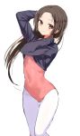  1girl a_k_o arms_behind_head brown_eyes brown_hair covered_navel cropped_jacket highres leotard long_hair looking_at_viewer original pantyhose simple_background solo standing thigh_gap white_background white_legwear 