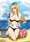  1girl absurdres ball beachball bikini blonde_hair full_body headgear highres iowa_(kantai_collection) kantai_collection looking_at_viewer open_mouth sangyou_haikibutsu_a solo star star-shaped_pupils swimsuit symbol-shaped_pupils 