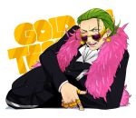  1boy blue_eyes earrings feather_boa formal gild_tesoro green_hair highres jewelry male_focus nbk_(yamazakinobeko) one_eye_closed one_piece one_piece_film_gold open_mouth ring simple_background solo star suit sunglasses teeth white_background 
