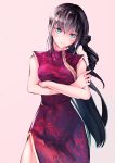  1girl black_hair blue_eyes braid china_dress chinese_clothes crossed_arms dress highres long_hair original simple_background sketch smile_(qd4nsvik) solo 