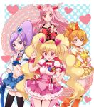  4girls :d aono_miki black_legwear blonde_hair blue_bow blue_skirt boots bow brown_eyes brown_hair choker cure_berry cure_passion cure_peach cure_pine earrings fresh_precure! hair_bow hair_ornament hairband heart heart_hair_ornament higashi_setsuna hirounp jewelry knee_boots long_hair looking_at_viewer magical_girl momozono_love multiple_girls open_mouth orange_boots orange_bow pink_eyes pink_hair pink_skirt precure purple_hair red_eyes short_hair skirt smile thigh-highs tiara twintails v violet_eyes wrist_cuffs yamabuki_inori yellow_bow 