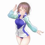  1girl :d ^_^ breasts brown_hair closed_eyes competition_swimsuit hair_ornament jacket love_live! love_live!_sunshine!! one-piece_swimsuit open_mouth salute school_uniform short_hair smile solo swimsuit track_jacket watanabe_you 