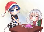  2girls bikuseno blue_eyes blue_hair book chair doremy_sweet dream_soul hat kishin_sagume multiple_girls pom_pom_(clothes) red_eyes short_hair silver_hair simple_background smile spoon tail tapir_tail touhou wings 