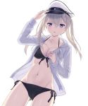  1girl ass_visible_through_thighs bikini black_bikini blush breasts cleavage cnm front-tie_bikini front-tie_top graf_zeppelin_(kantai_collection) hat highres jacket kantai_collection large_breasts long_hair long_sleeves navel peaked_cap side-tie_bikini silver_hair simple_background solo swimsuit twintails violet_eyes white_background 