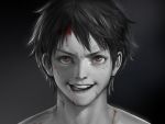  1boy bangs black_background black_hair blood blood_on_face brown_eyes cdash817 eyelashes injury licking light_particles looking_at_viewer male_focus monkey_d_luffy monochrome one_piece parted_lips portrait realistic scratches solo spot_color teeth tongue tongue_out 