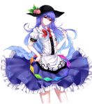  1girl absurdres black_hat blue_hair blue_skirt bow bowtie cowboy_shot cropped_legs food frilled_shirt frilled_shirt_collar frilled_skirt frills fruit hair_between_eyes hat head_tilt highres hinanawi_tenshi long_hair looking_at_viewer peach playing_with_own_hair puffy_short_sleeves puffy_sleeves rainbow_order red_bow red_bowtie red_eyes sheya shirt short_sleeves simple_background skirt solo touhou white_background white_shirt 