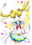  1girl bishoujo_senshi_sailor_moon blonde_hair blue_eyes bow brooch choker cowboy_shot crescent crescent_earrings double_bun earrings elbow_gloves gloves hair_ornament hairpin jewelry long_hair looking_at_viewer magical_girl marco_albiero marker_(medium) petals pleated_skirt red_bow sailor_collar sailor_moon signature skirt smile solo super_sailor_moon tiara traditional_media tsukino_usagi twintails white_background white_gloves 
