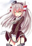  1girl amatsukaze_(kantai_collection) bangs black_panties blush cowboy_shot dress dress_tug eyebrows eyebrows_visible_through_hair flying_sweatdrops garter_straps hair_between_eyes hair_tubes highres hizaka kantai_collection lifebuoy long_hair long_sleeves looking_at_viewer open_mouth own_hands_together panties sailor_dress side-tie_panties simple_background smoke smokestack solo standing thigh-highs twitter_username two_side_up underwear white_background yellow_eyes 