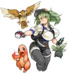  1girl baseball_cap belt bird black_gloves black_legwear breasts charmander cosplay covered_navel cropped_legs female_protagonist_(pokemon_go) female_protagonist_(pokemon_go)_(cosplay) fire gloves green_hair hat holding holding_poke_ball large_breasts long_hair oddish orange_eyes original pantyhose pidgey poke_ball pokemon pokemon_(creature) pokemon_go ponytail sachito shorts sidelocks simple_background smile sumi-chan_(sachito) white_background 