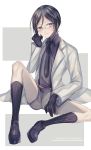  1boy abandon_ranka black_gloves black_hair black_legwear glasses gloves kneehighs labcoat male_focus necktie shorts sitting smile solo suspenders touken_ranbu violet_eyes yagen_toushirou 