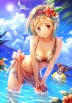  afloat animal backlighting ball beachball bird blonde_hair blue_sky blurry blush breasts brown_bikini brown_eyes cleavage collarbone creature day depth_of_field djeeta_(granblue_fantasy) flower granblue_fantasy hair_flower hair_ornament hairband head_tilt hibiscus leaning_forward looking_at_viewer medium_breasts navel nishizawa ocean outdoors palm_tree plant sarong seagull short_hair sky smile stomach summer sun sunlight thighs tree vee_(granblue_fantasy) wading water water_drop wet 