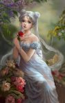  1girl bare_shoulders bishoujo_senshi_sailor_moon blue_eyes bracelet branch detached_sleeves double_bun dress flower hand_on_own_chest holding jewelry leaf long_hair nature necklace pearl_bracelet pearl_necklace peony_(flower) pink_lips pose princess_serenity red_rose rose silver_hair sitting solo strapless strapless_dress tsukino_usagi twintails very_long_hair white_dress wisteria yinse_qi_ji 