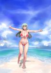  1girl armpits bare_legs bare_shoulders barefoot beach bikini blush breasts cleavage clouds cloudy_sky commentary_request full_body green_hair groin large_breasts long_hair looking_at_viewer navel older outstretched_arms red_bikini red_eyes rozen_maiden shiny shiny_skin sky smile solo suigintou swimsuit tsuda_nanafushi 