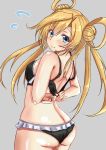  1girl abukuma_(kantai_collection) adjusting_clothes ass bare_arms bare_shoulders black_bra black_panties blonde_hair blue_eyes bra chan_(akuty_ikkot) colored_eyelashes from_behind hair_between_eyes hair_rings highres kantai_collection looking_at_viewer midriff panties smile solo thighs twintails underwear 