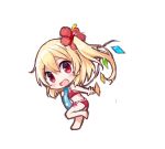  1girl :d alternate_costume bikini blonde_hair blush bow chibi eyebrows eyebrows_visible_through_hair flandre_scarlet flower full_body hair_between_eyes hair_flower hair_ornament innertube looking_at_viewer no_hat open_mouth outstretched_arm red_eyes short_hair side-tie_bikini side_ponytail simple_background smile solo standing standing_on_one_leg swimsuit touhou white_background wings yada_(xxxadaman) 