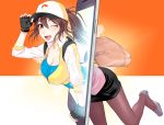  1girl baseball_cap black_gloves black_legwear blue_eyes blush breasts brown_eyes brown_hair cellphone choker cleavage commentary_request female female_protagonist_(pokemon_go) fingerless_gloves gloves hat high_heels highres large_breasts long_hair looking_at_viewer one_eye_closed open_mouth oretoreon pantyhose pencil_skirt phone pokemon pokemon_go ponytail simple_background skirt smartphone smile solo through_screen transforming_clothes 
