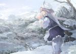  1girl apron bare_tree blue_dress blue_sky breath cliff clouds day dress forest from_side hat ichiba_youichi lake lavender_eyes lavender_hair letty_whiterock long_sleeves mountain nature pants scarf scenery see-through shirt short_hair shouting sky sleeveless sleeveless_dress smile snow solo standing touhou tree waist_apron white_pants white_shirt 