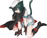  1girl animal_ears between_legs boots brown_gloves cape cat_ears cat_tail commentary_request crnksg eyepatch gloves green_eyes green_hair hand_between_legs hat kantai_collection kemonomimi_mode kiso_(kantai_collection) knee_boots looking_at_viewer mouth_hold neckerchief pauldrons pleated_skirt remodel_(kantai_collection) sailor_hat school_uniform serafuku short_hair simple_background sitting skirt solo tail wariza white_background 