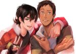  2boys arm_around_shoulder black_gloves black_hair blue_eyes brown_hair crossed_arms dark_skin dark_skinned_male fingerless_gloves gloves grey_eyes grin hyakujuu-ou_golion jacket keith_(voltron) lance_(voltron) magatsumagic male_focus multiple_boys open_clothes open_jacket open_mouth parted_lips pointing realistic short_hair smile v voltron:_legendary_defender 