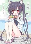  1girl animal_ears black_hair blush cat_ears dengeki_moeou dokidoki_sister_aoi-chan eating food full_body hair_ornament hairclip jacket kohinata_aoi_(dokidoki_sister_aoi-chan) legs long_hair open_clothes open_jacket open_mouth outdoors red_eyes rock sandals school_swimsuit sitting smile solo stream sweat swimsuit tail takahashi_tetsuya toes translated twintails very_long_hair water watermark 