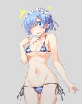  1girl bikini blue_eyes blue_hair blush flower hair_flower hair_ornament hair_over_one_eye hairband head_wreath re:zero_kara_hajimeru_isekai_seikatsu rem_(re:zero) shefu short_hair side-tie_bikini solo standing striped striped_bikini swimsuit wavy_mouth 