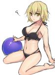  1girl ball beachball bikini black_bikini blonde_hair breasts cleavage cocorosso fate/grand_order fate_(series) frown jeanne_alter looking_at_viewer navel ruler_(fate/apocrypha) ruler_(fate/grand_order) simple_background sitting solo swimsuit wariza white_background yellow_eyes 
