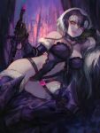  1girl aoin bare_shoulders black_gloves blonde_hair breasts brown_eyes chains elbow_gloves fate/grand_order fate_(series) gloves highleg highleg_leotard highres jeanne_alter large_breasts legs leotard lips long_hair looking_at_viewer lying naughty_face on_side parted_lips ruler_(fate/apocrypha) solo sword thighs weapon 
