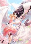  2girls 610430468_(yanye) absurdres black_hair brown_hair cardcaptor_sakura cherry_blossoms closed_eyes dress feathered_wings gloves gown green_eyes hairband happy highres hoshi_no_tsue kinomoto_nadeshiko kinomoto_sakura lace long_hair mother_and_daughter multiple_girls open_mouth petticoat pink_gloves short_hair smile thigh_strap two_side_up very_long_hair wand wavy_hair white_dress white_wings wings 