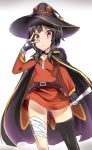  1girl bandages belt black_hair blush cape coda_(simon1995) fingerless_gloves gloves hat highres kono_subarashii_sekai_ni_shukufuku_wo! looking_at_viewer megumin red_eyes short_hair single_thighhigh sketch solo staff thigh-highs v_over_eye witch_hat 