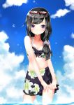  1girl akemi_homura bangs bare_arms bare_shoulders bikini bikini_skirt black_hair blue_sky blush breasts cleavage closed_mouth clouds collarbone contrapposto cowboy_shot eyebrows eyebrows_visible_through_hair floral_print frilled_bikini frills front-tie_bikini front-tie_top hair_over_shoulder highres legs_apart long_hair looking_at_viewer low_ponytail mahou_shoujo_madoka_magica nail_polish ocean outdoors own_hands_together print_bikini red-framed_eyewear rin2008 shade sky solo standing summer sunglasses sunglasses_on_head swimsuit violet_eyes wading water_drop wet white_nails 