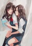  2girls book brown_hair commentary_request curtains fly_333 hug long_hair multiple_girls original school_uniform sitting sitting_on_lap sitting_on_person yuri 