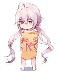  1girl ahoge barefoot chibi collarbone depressed dsmile eyebrows eyebrows_visible_through_hair frown full_body long_hair looking_down low-tied_long_hair nude scrunchie senki_zesshou_symphogear solo twintails very_long_hair violet_eyes white_background white_hair yukine_chris 