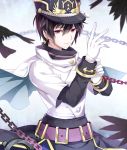  1boy 344_(prismlink) belt black_hair chain character_request chiruhatote cowboy_shot earrings gloves jewelry looking_at_viewer male_focus merc_storia red_eyes smile solo white_gloves 