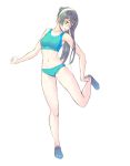  1girl adjusting_clothes adjusting_shoe and bare_shoulders black_hair breasts collarbone full_body glasses green_eyes headband kantai_collection long_hair medium_breasts navel ooyodo_(kantai_collection) parted_lips simple_background solo sports_bikini sports_bra standing standing_on_one_leg very_long_hair white_background 