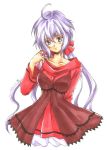  1girl ahoge blush collarbone dress eyebrows eyebrows_visible_through_hair hair_twirling lace-trimmed_dress long_hair long_sleeves looking_at_viewer low-tied_long_hair puffy_shorts purple_hair red_dress scrunchie senki_zesshou_symphogear seraworks shorts smile solo traditional_media twintails very_long_hair violet_eyes white_background white_shorts yukine_chris 