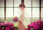  1girl bouquet bridal_veil brown_eyes brown_hair dress elbow_gloves flower gloves highres original short_hair smile solo veil wedding_dress yuuji_(yujikazakiri) 