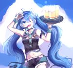  1girl 39 ahoge alcohol belt blue_eyes blue_hair fang hatsune_miku headset long_hair midriff navel necktie one_eye_closed open_mouth short_shorts shorts solo tray twintails very_long_hair vocaloid 