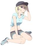  1girl armpit_peek blonde_hair blue_eyes breasts hat long_hair looking_at_viewer mattaku_mousuke midriff original parted_lips shirt shoes shorts simple_background sitting sneakers solo tied_shirt twintails wariza white_background 