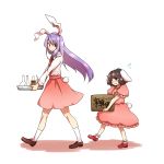  2girls animal_ears black_hair blush bobby_socks brown_shoes bunny_tail carrot_necklace carrying floppy_ears flying_sweatdrops highres iiwake inaba_tewi long_hair multiple_girls necktie pink_skirt purple_hair rabbit_ears red_eyes red_necktie red_shoes reisen_udongein_inaba shirt shoes short_hair simple_background skirt smile socks tail touhou translation_request vial walking wavy_mouth white_legwear white_shirt 