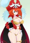  artist_name blue_eyes breasts falkeart fur_trim gloves hand_on_hip hat highres lalaco_godspeed large_breasts maebari mature navel pirate pirate_hat red_gloves redhead solo uchuu_patrol_luluco white_gloves 