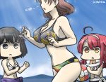  3girls ahoge ball beachball bikini black_hair blank_eyes blue_sky blush breast_envy breasts brown_eyes brown_hair chiyoda_(kantai_collection) commentary dated haguro_(kantai_collection) hair_ornament hamu_koutarou kantai_collection kawakaze_(kantai_collection) large_breasts multiple_girls redhead sarong scarf shaded_face short_hair sky sparkle swimsuit translated 