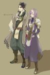  2boys adusa armor artist_name bandage boots brown_background brown_hair closed_eyes fire_emblem fire_emblem_echoes:_mou_hitori_no_eiyuuou headband kamui_(fire_emblem_gaiden) leo_(fire_emblem) long_hair male_focus multiple_boys purple_hair simple_background violet_eyes 