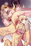  1girl absurdres blonde_hair blush_stickers bow dangan_ronpa dangan_ronpa_3 dark_persona dual_persona fan folding_fan grin hair_bow highres japanese_clothes kimono long_hair obi older ponytail red_eyes saionji_hiyoko sandals sash smile spoilers yellow_eyes 