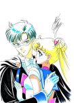  1boy 1girl bishoujo_senshi_sailor_moon blonde_hair blue_eyes blue_hair bow bowtie cape chiba_mamoru couple crescent crescent_earrings double_bun earrings gloves hair_ornament hairpin hug jewelry long_hair looking_at_viewer marco_albiero marker_(medium) mask pink_bow sailor_collar sailor_moon signature smile tiara traditional_media tsukino_usagi tuxedo_kamen twintails upper_body white_background white_bow white_gloves 